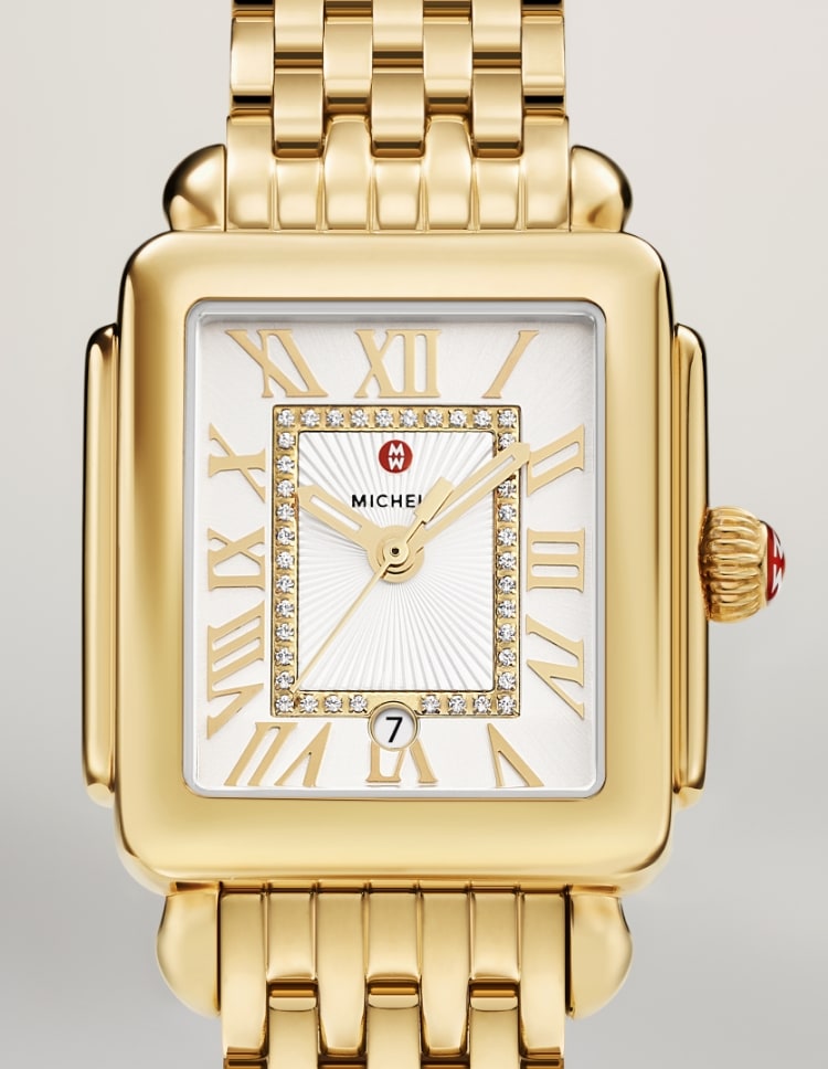 Detail shot of the Deco Madison Mid Diamond Dial 18K Gold-plated watch