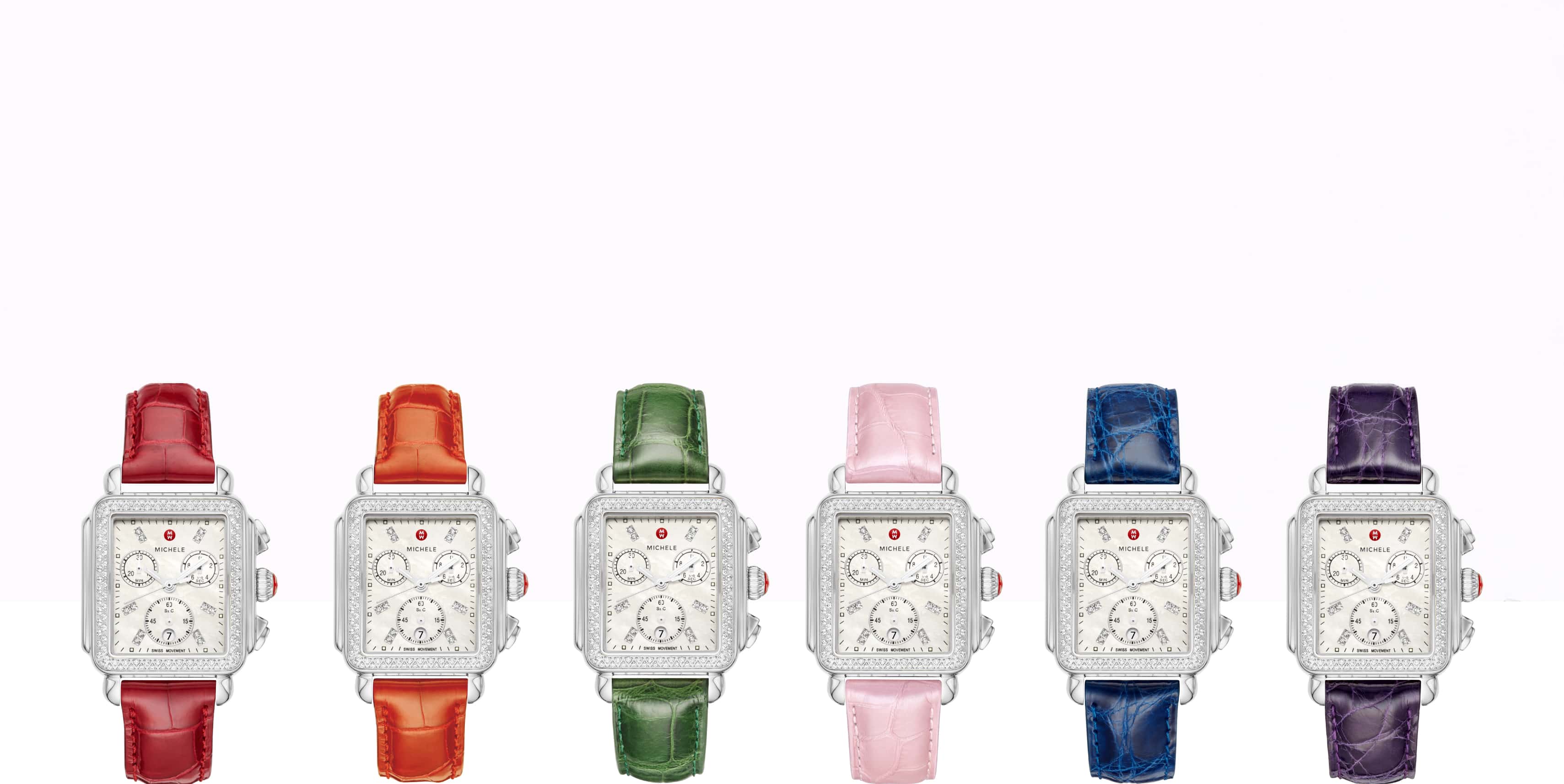 Stainless Deco watches with colorful leather straps in red, orange, green, pink, blue and purple. 