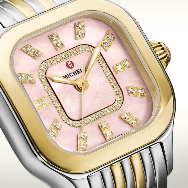 Closeup of the Deco Madison Diamond Peony watch in two-tone