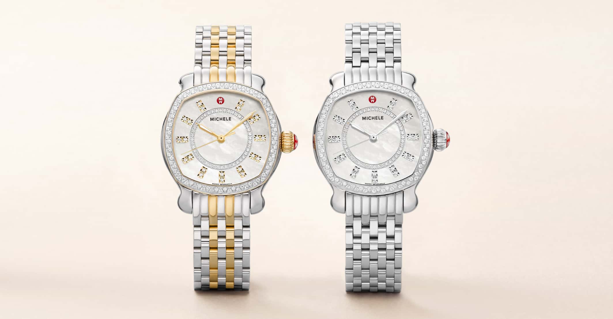 Two special-edition Lilou watch es featuring double-diamond indexes, diamond-covered topring in stainless and two-tone stainless with 18k gold.