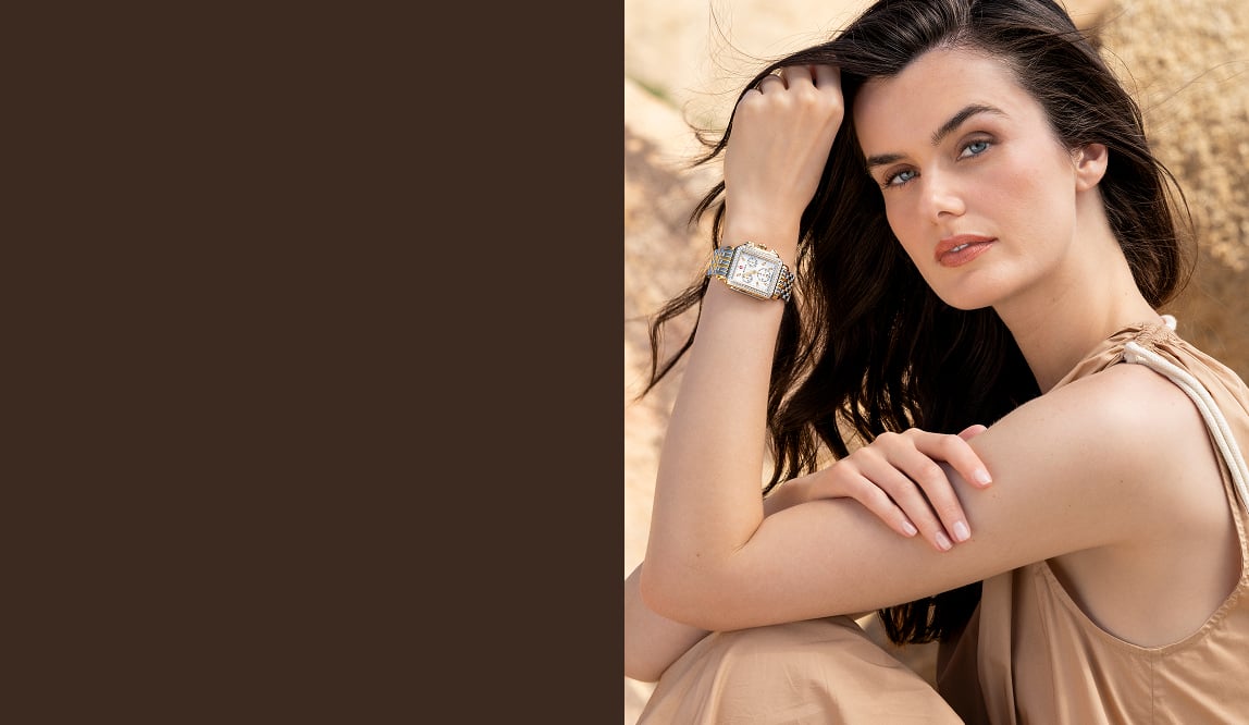 A woman wearing the two tone deco diamond