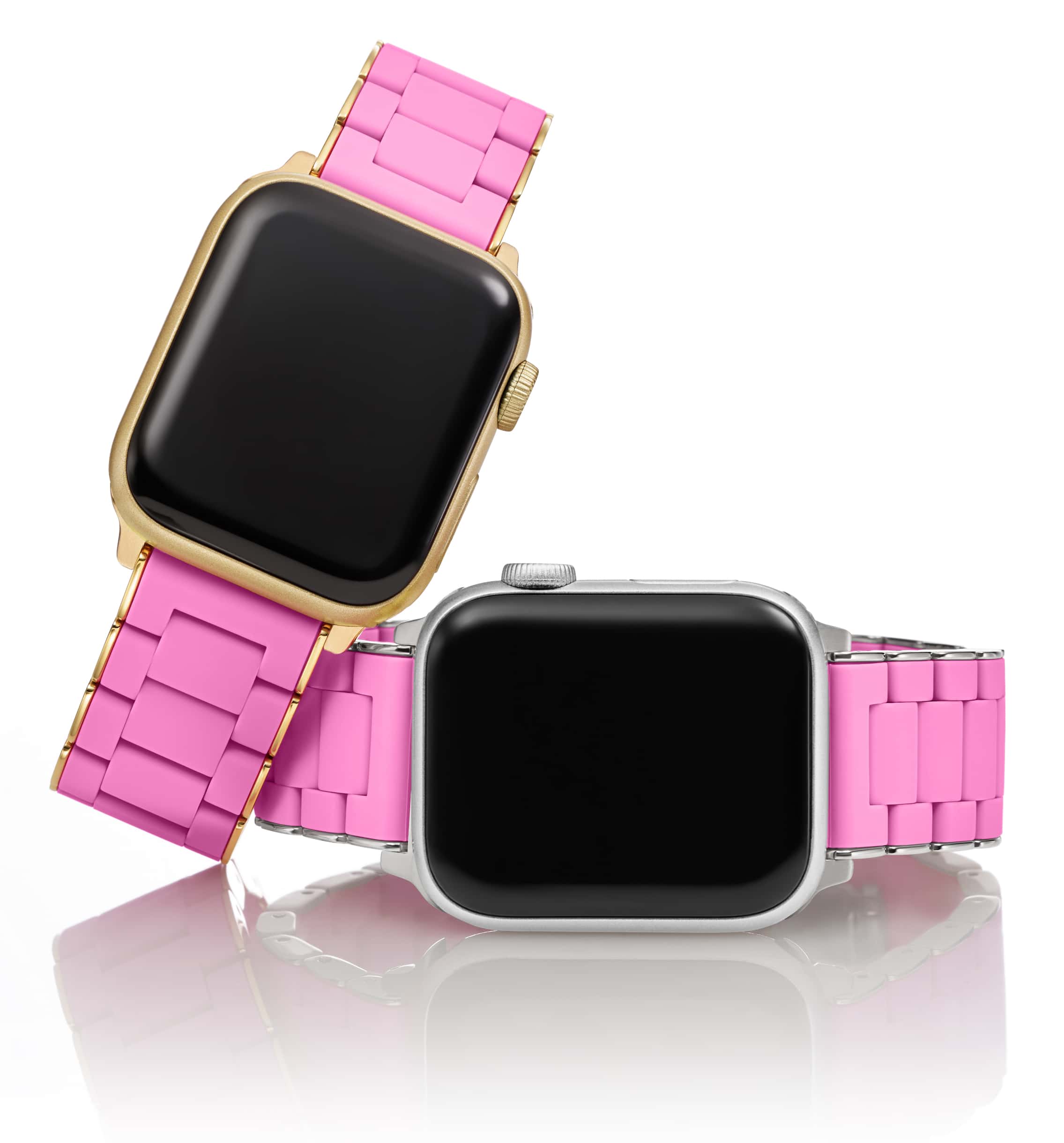 Two silicone-wrapped bands for Apple Watch® in Susan G. Komen's® signature pink colorway with stainless and gold-tone.