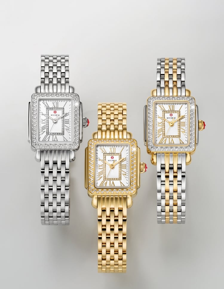 Three Deco Madison Diamond Mini watches showcasing 18K gold, two-tone, and stainless steel plating