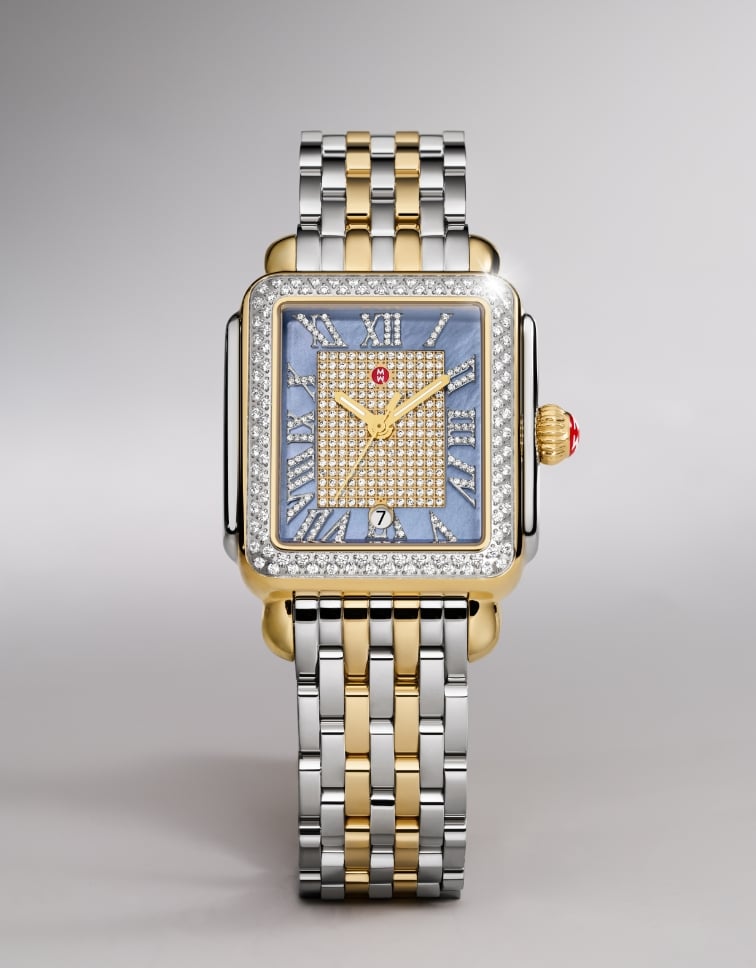 A detail shot of the Limited Edition Deco Madison Blue Dusk Pavé Two-tone 18K Gold-plated watch 