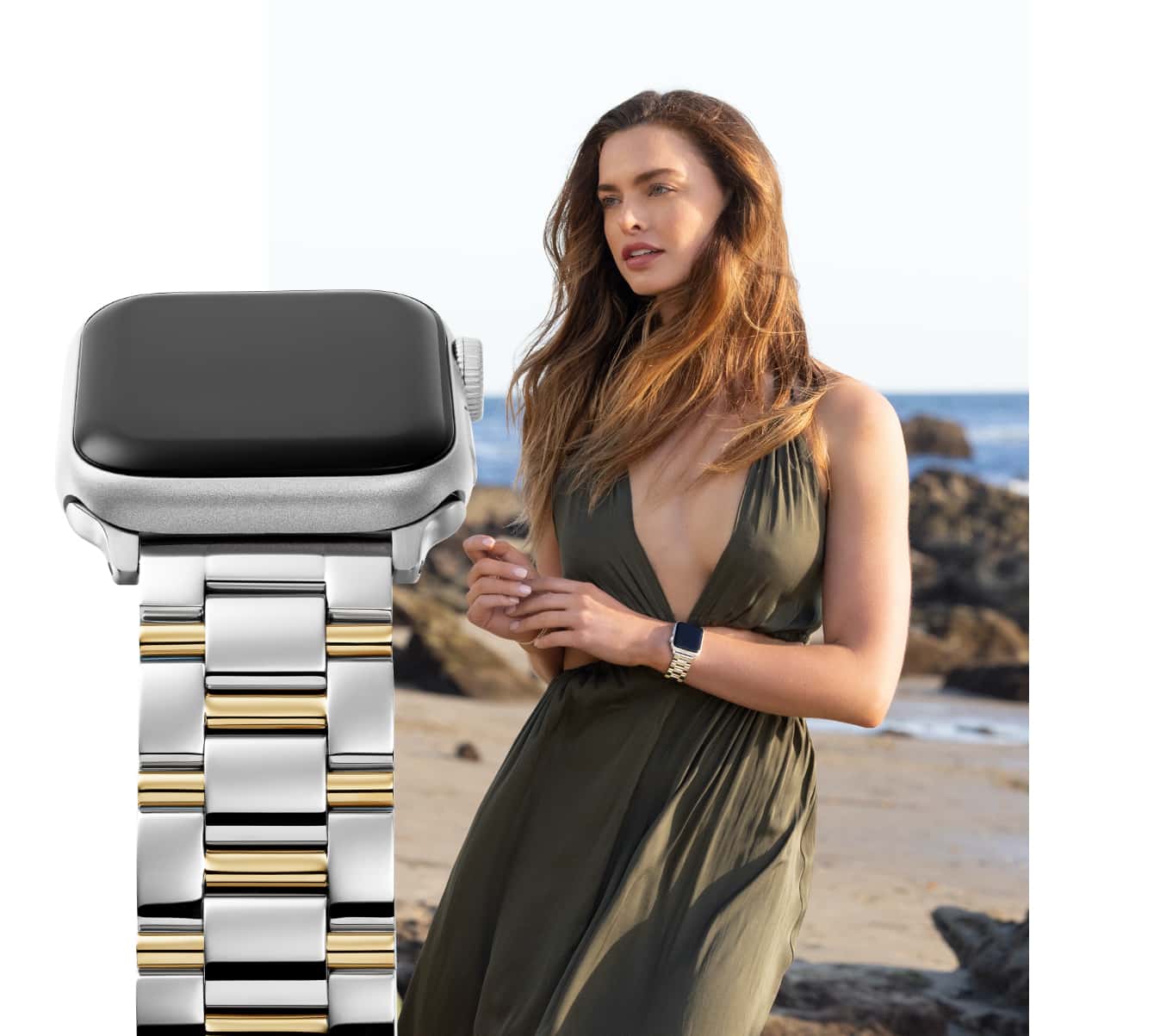 woman on a beach wearing a MICHELE watch with a three link Apple band.