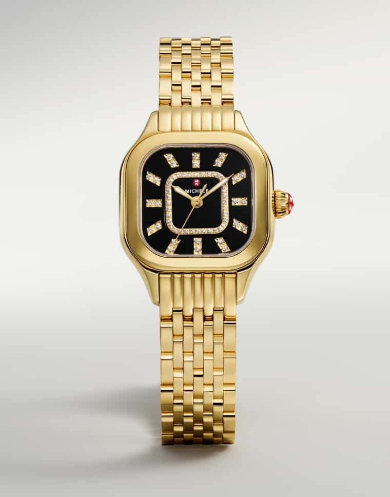 Detail shot of the Diamond Dial 18K Gold-plated watch in Noir Gloss