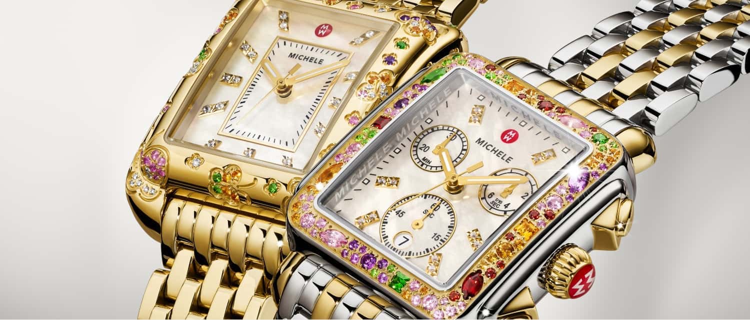 Colorful, limited-edition MICHELE deco watches for holiday gifting.