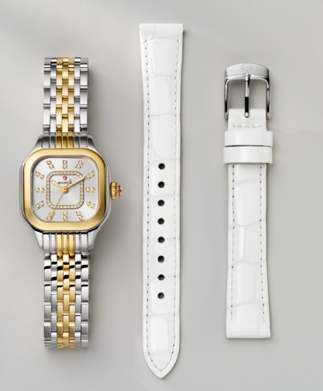 The Meggie Gift Set featuring a Meggie Diamond Dial Two-tone 18K Gold-plated watch and a white croco-embossed leather strap.