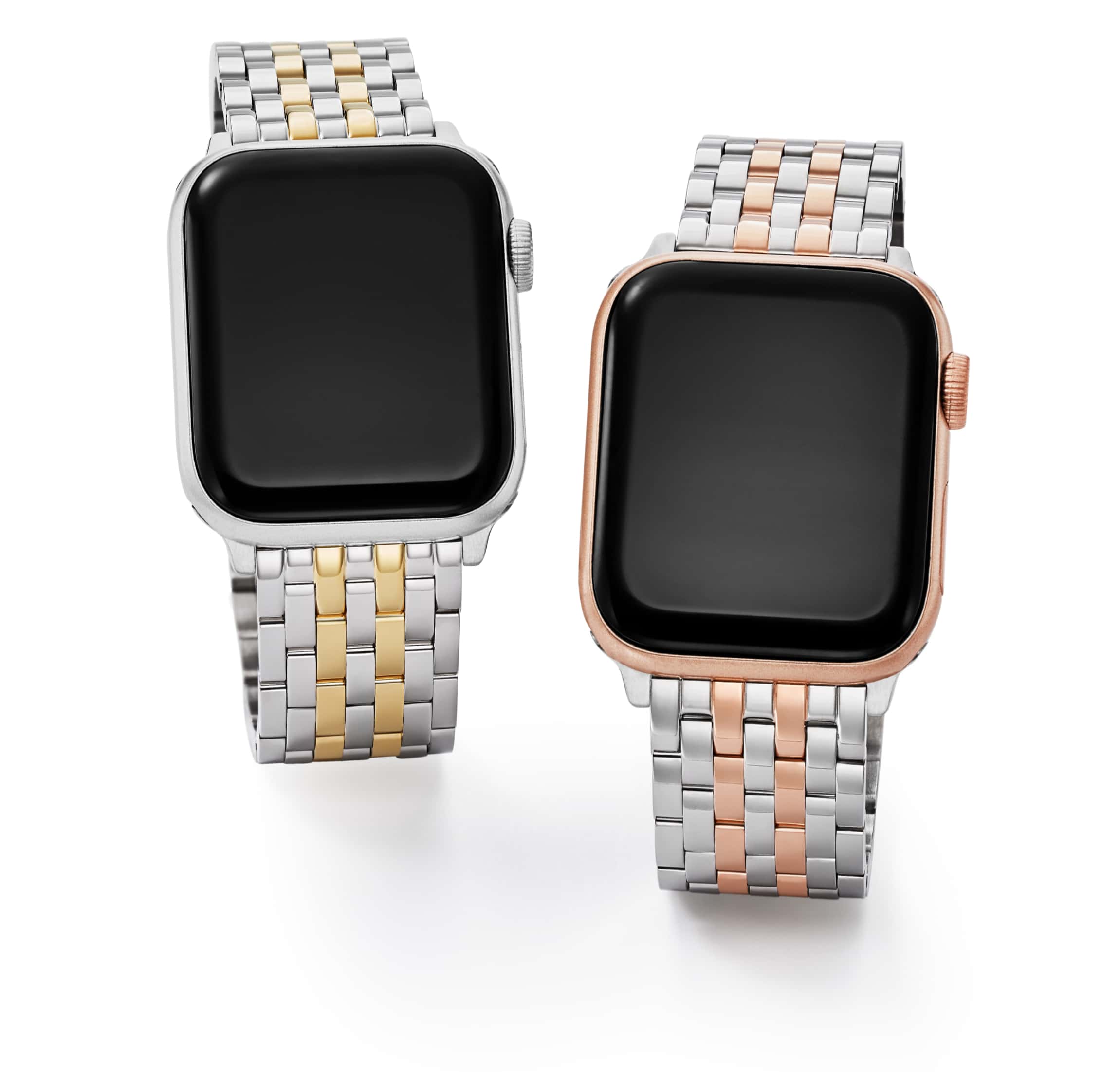 Bands for Apple Watch® in two-tone stainless with 18K gold and two-tone stainless with 18K pink gold.