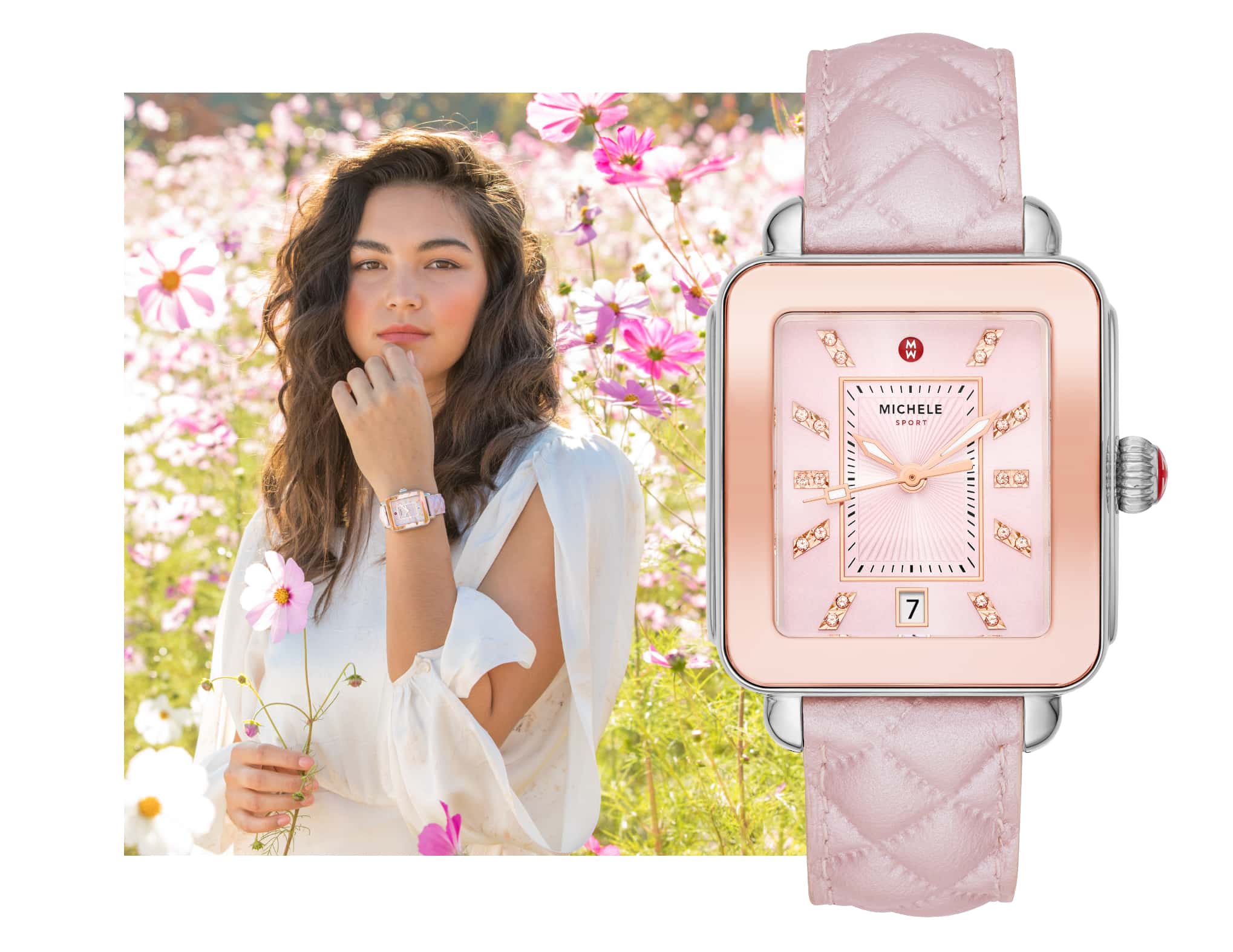 Youthful woman wearing Deco Sport watch with a lilac sheen-finished quilted-leather strap and sparkling topaz indexes.