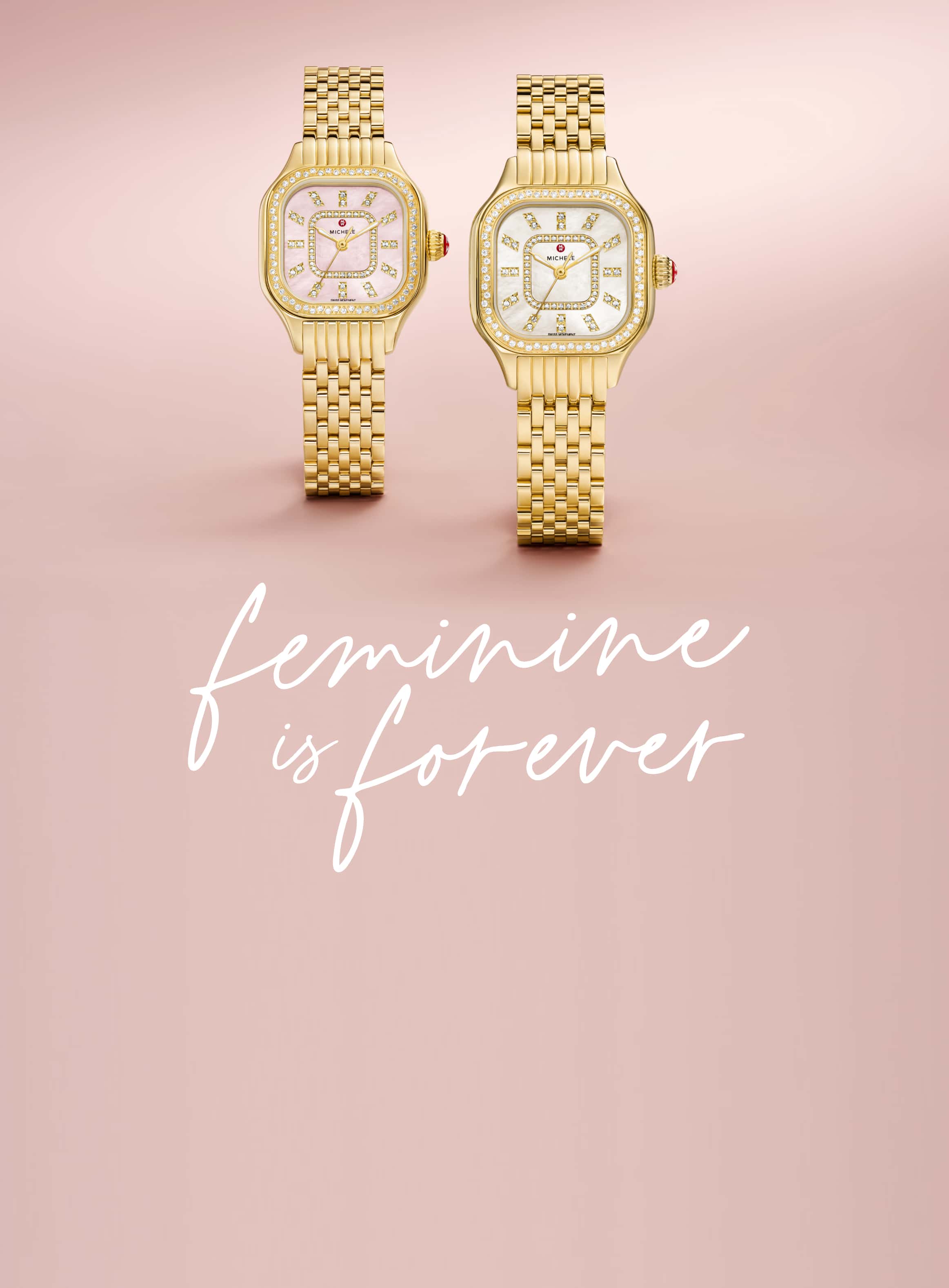 gold MICHELE Meggie watches in mother-of-pearl and country rose dials