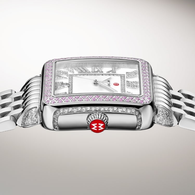 Detailed shot of the Limited Edition Deco Madison Pink Sapphire watch 