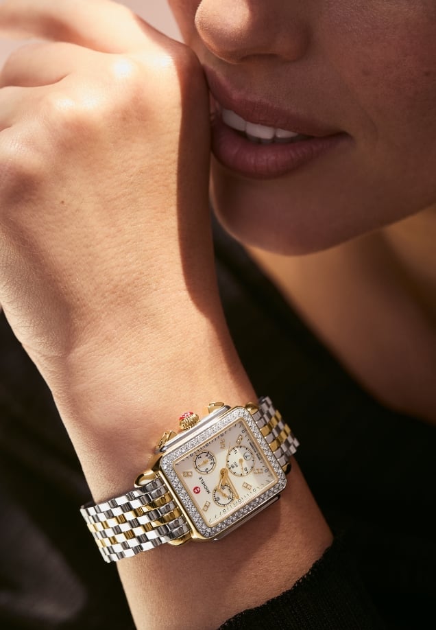 The Deco Diamond Two-tone 18K Gold-plated watch shown on a wrist