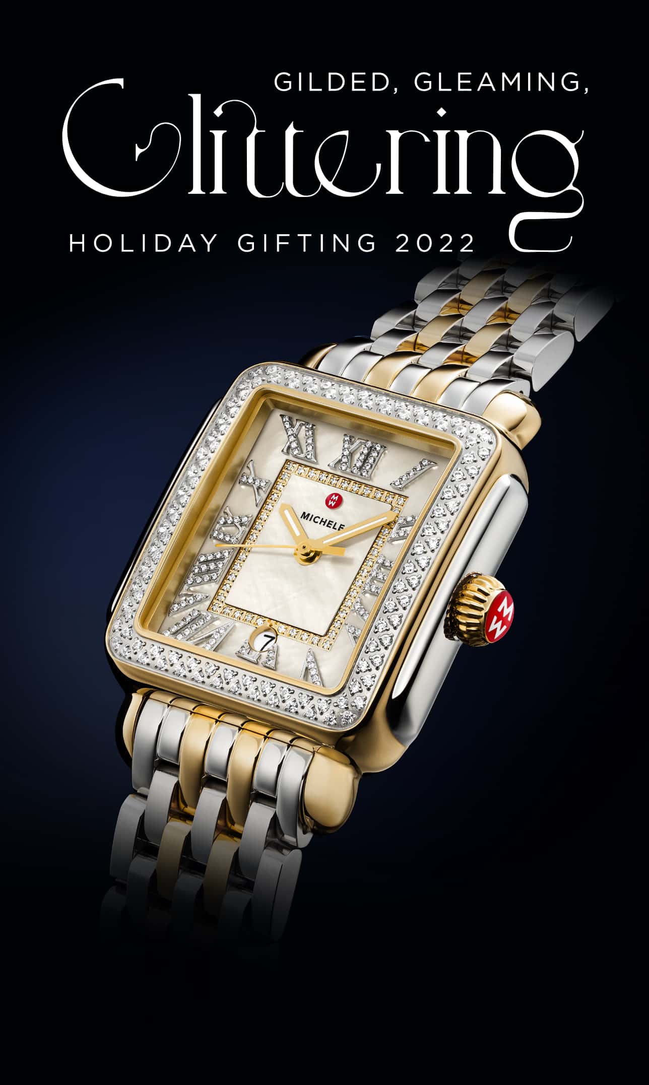 Two-tone Deco MICHELE watch with pavé Roman numeral indexes