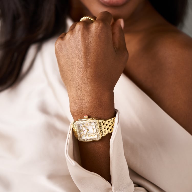 The Deco Madison Mid Diamond 18K Gold-plated watch shown on a wrist