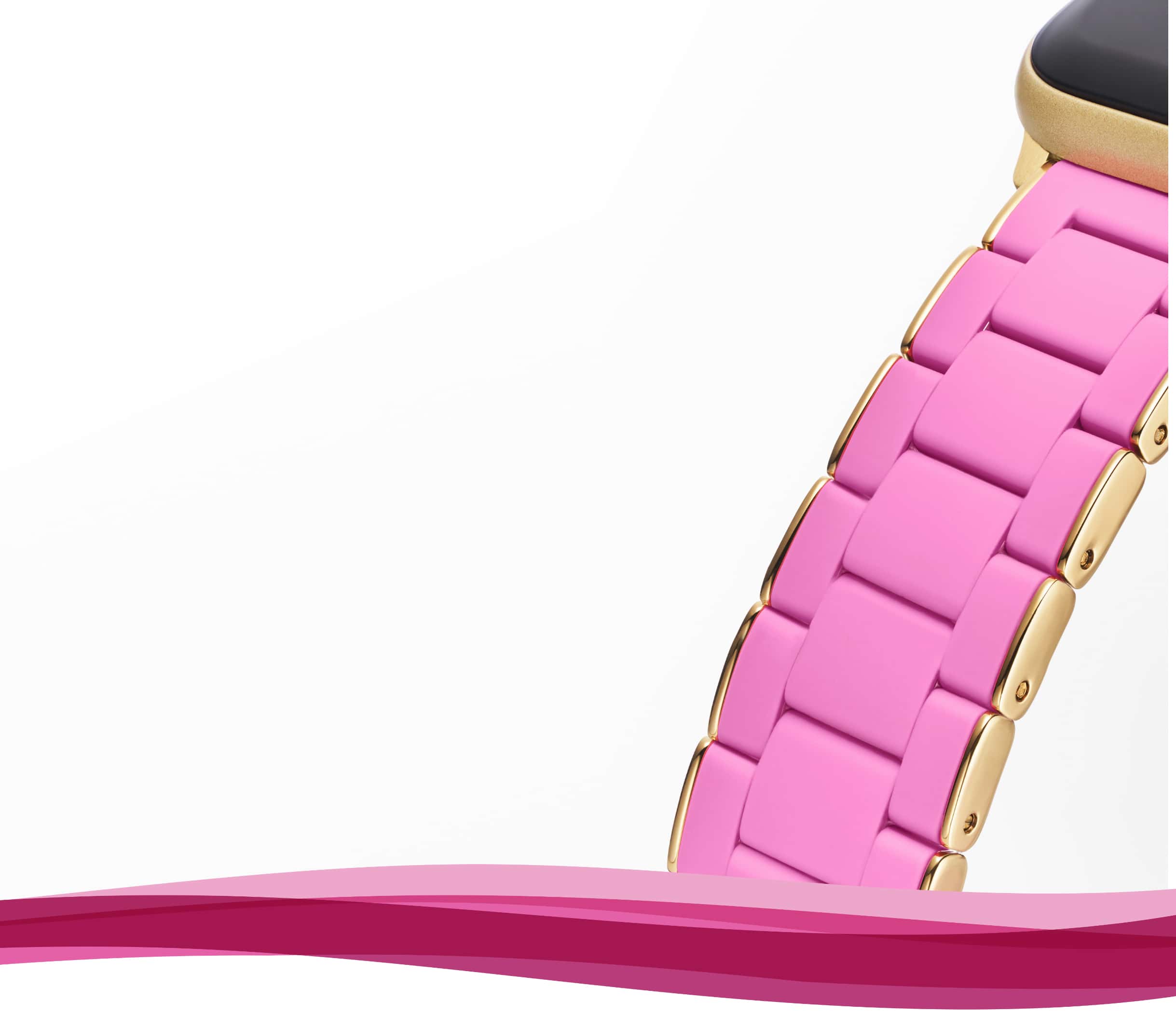 Two silicone-wrapped bands for Apple Watch® in Susan G. Komen's® signature pink color with stainless and gold-tone.