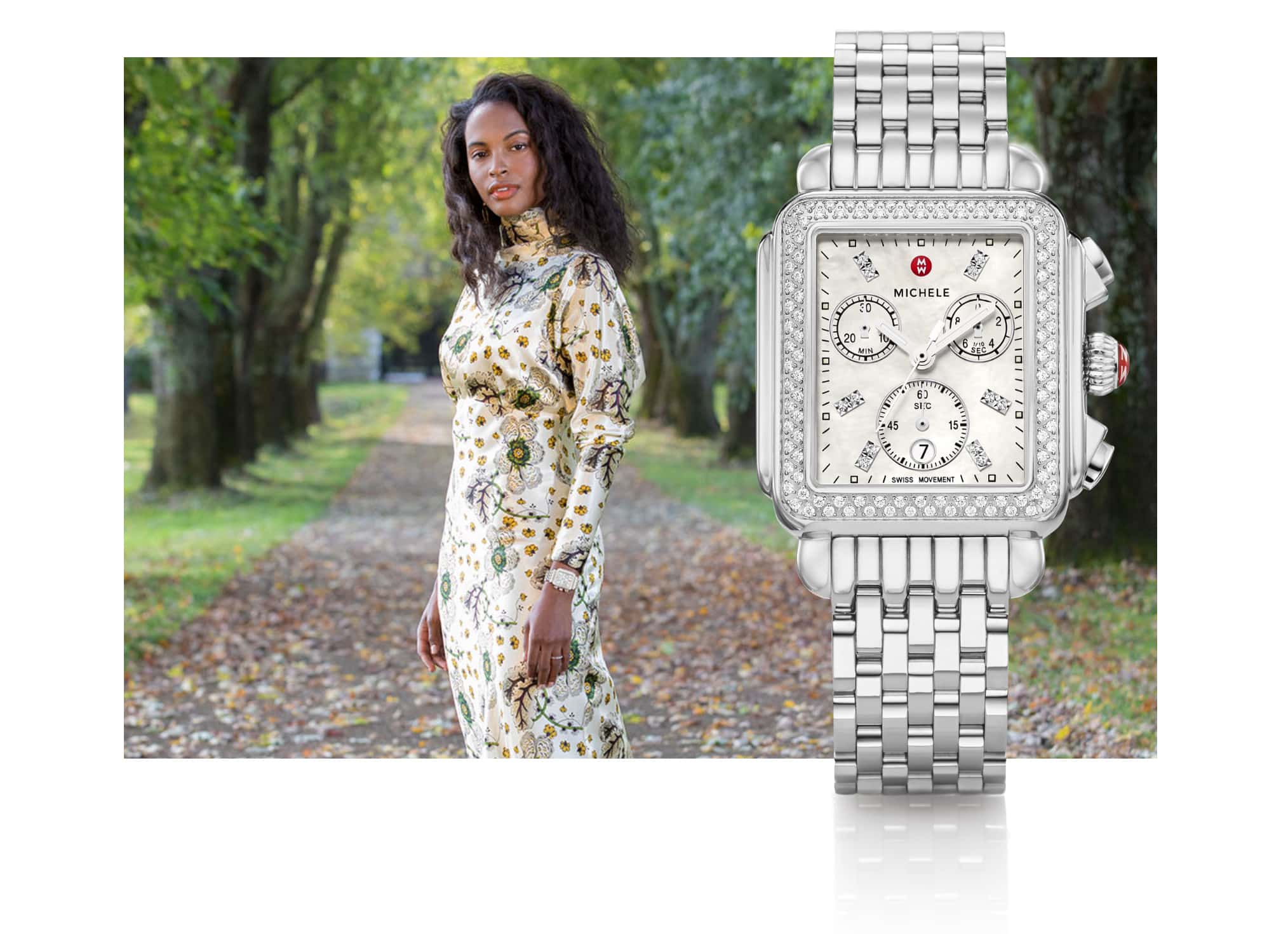 Chic woman in floral-print dress wearing Deco watch in stainless.