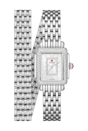 Deco Madison Mini watch in stainless featuring a mother-of-pearl dial with Roman numeral indexes, diamond-covered bezel and stainless seven-link double-wrap bracelet.