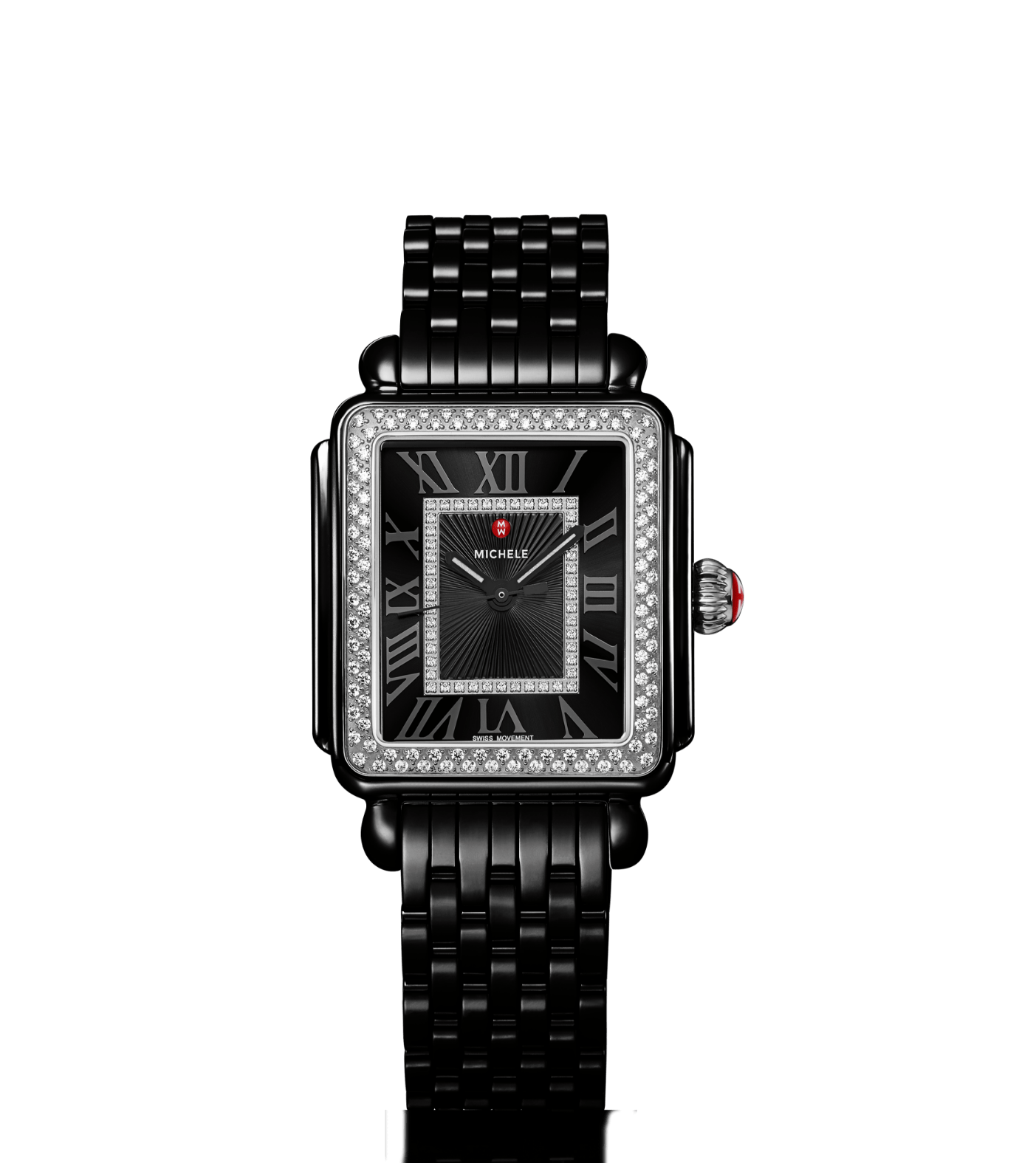 Deco Madison watch in noir with white diamonds.