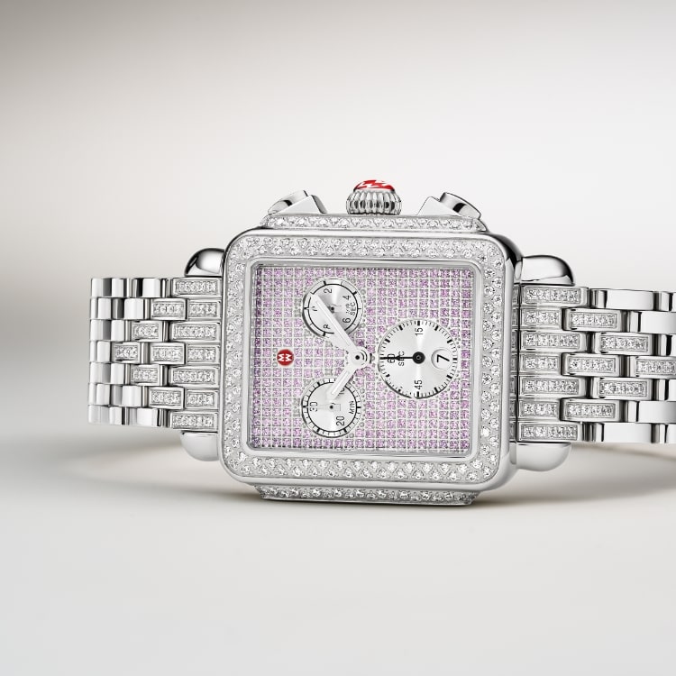 Detailed shot of the Limited Edition Deco Pink Sapphire Pavé watch