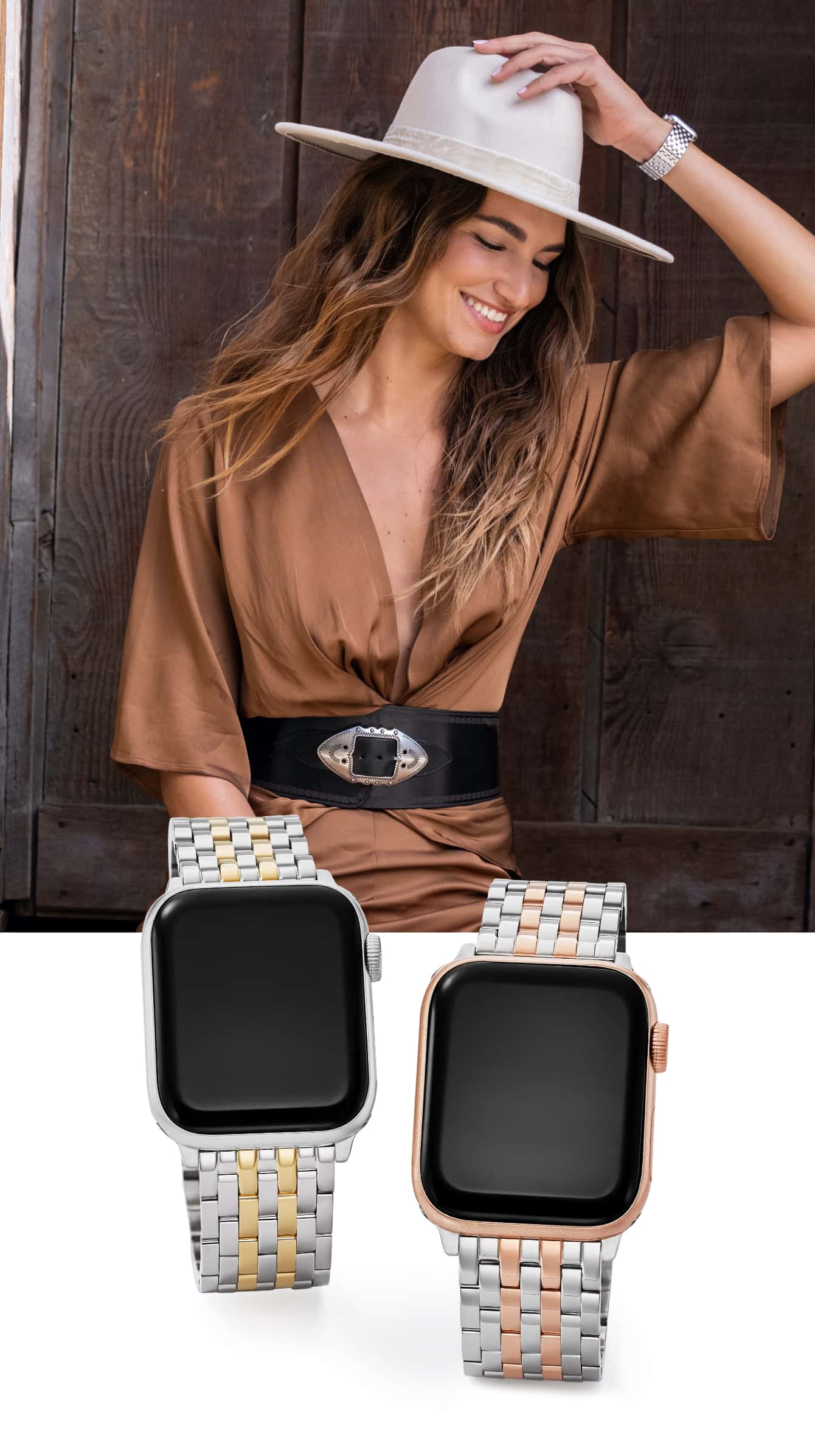 Stylish woman wearing a hat and a watch with a Michele band for Apple Watch.