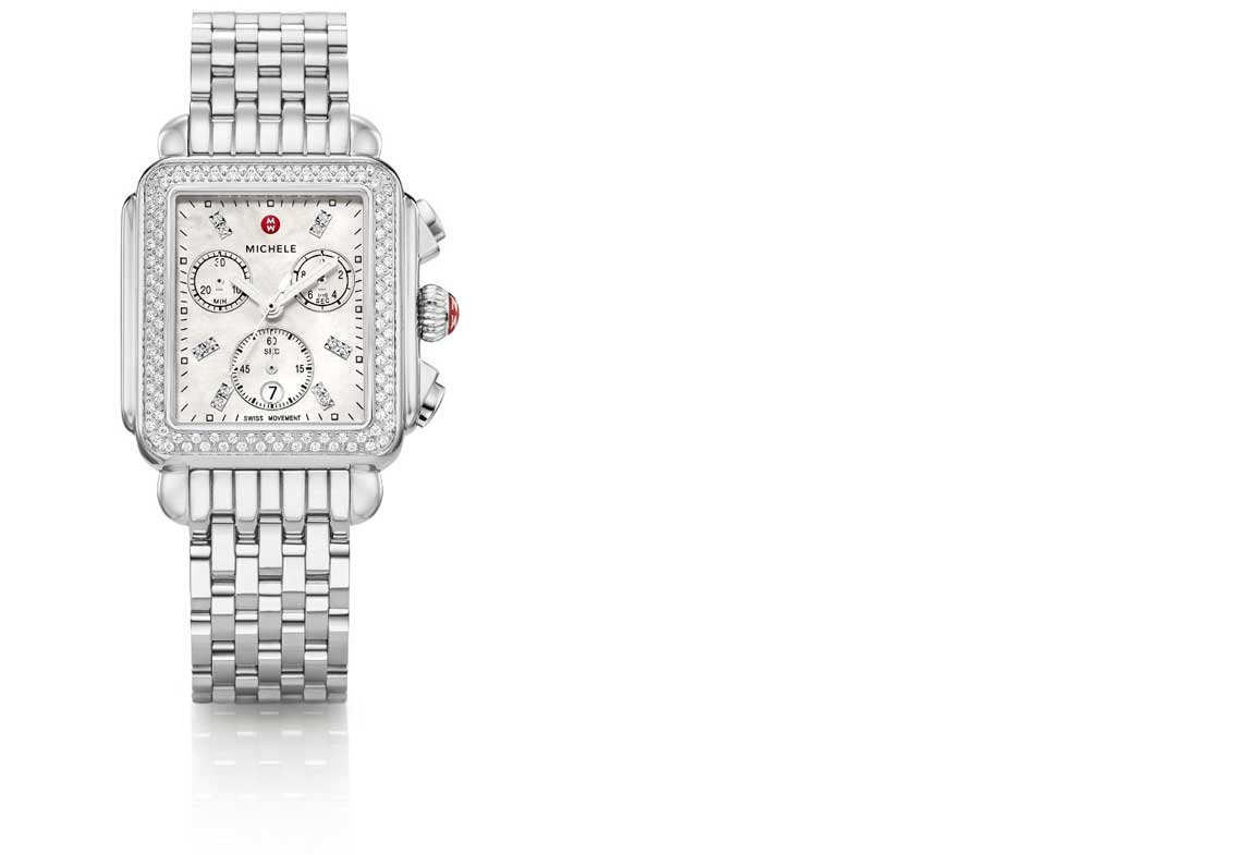 Iconic Deco watch in stainless featuring mother-of-pearl dial, diamond-covered bezel and signature seven-link bracelet.